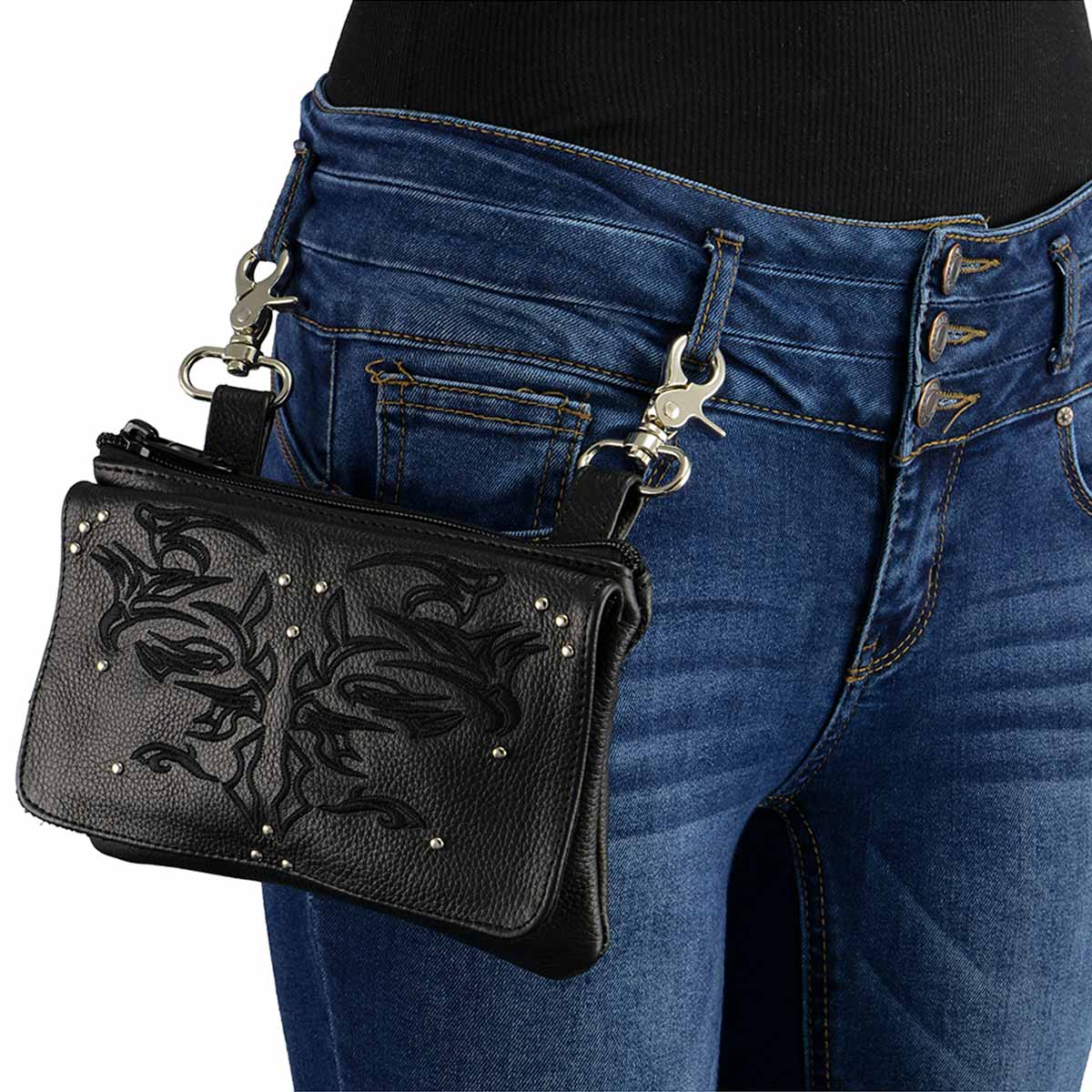 Women's Black Leather Multi Pocket Belt Bag