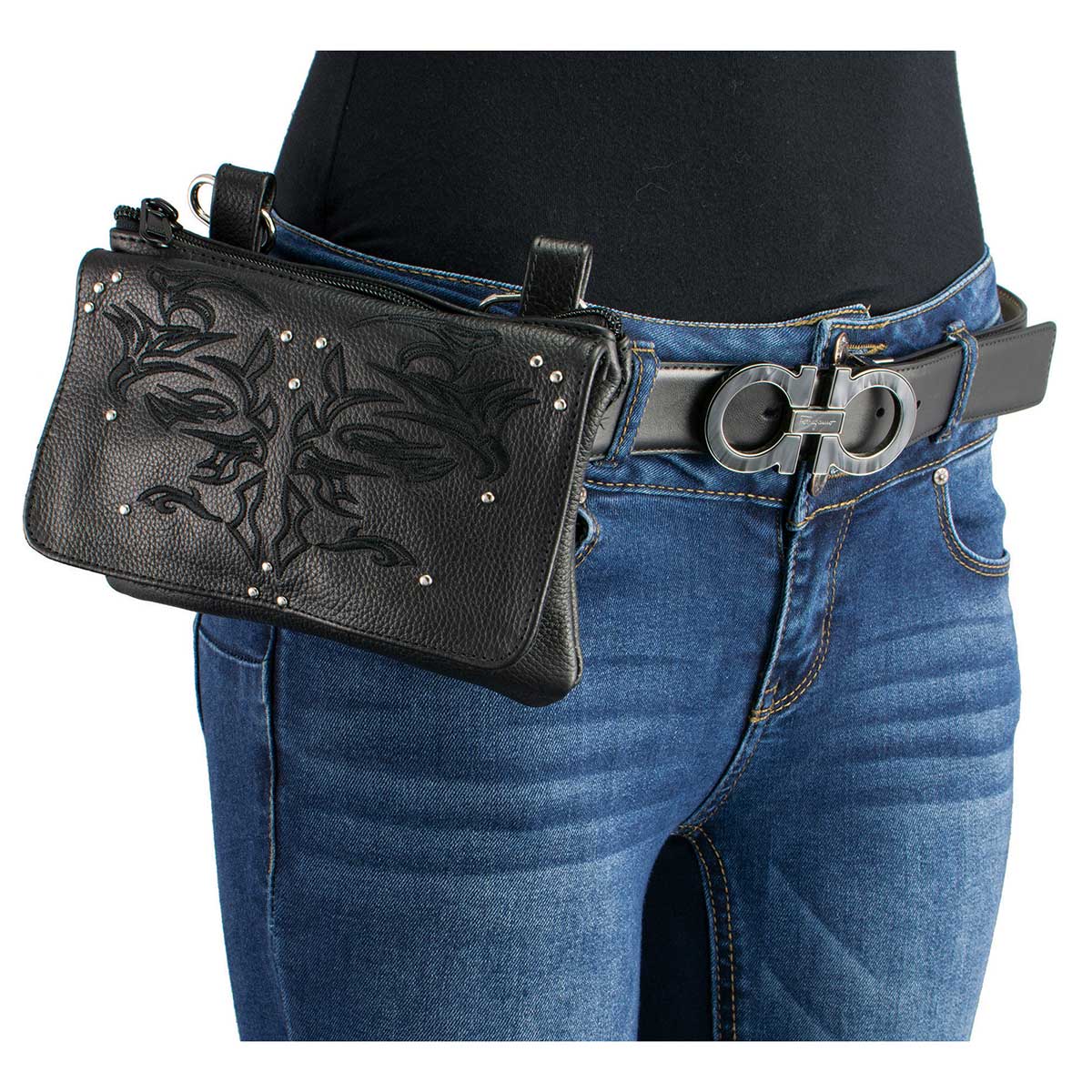 Women's Black Leather Multi Pocket Belt Bag