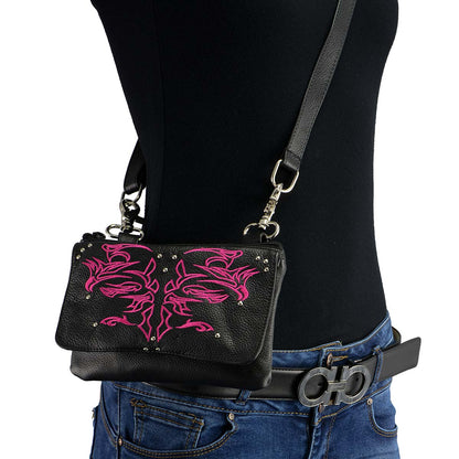 Women's Black And Pink Leather Multi Pocket Belt Bag