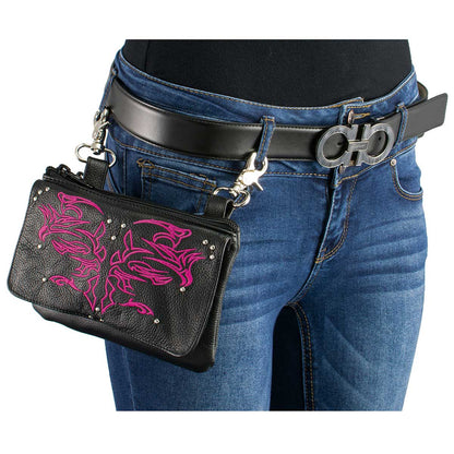 Women's Black And Pink Leather Multi Pocket Belt Bag