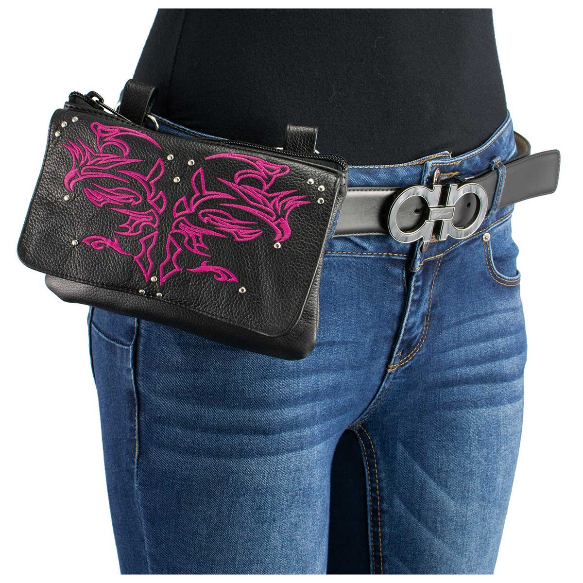 Women's Black And Pink Leather Multi Pocket Belt Bag