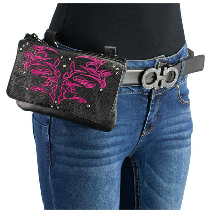 Women's Black And Pink Leather Multi Pocket Belt Bag