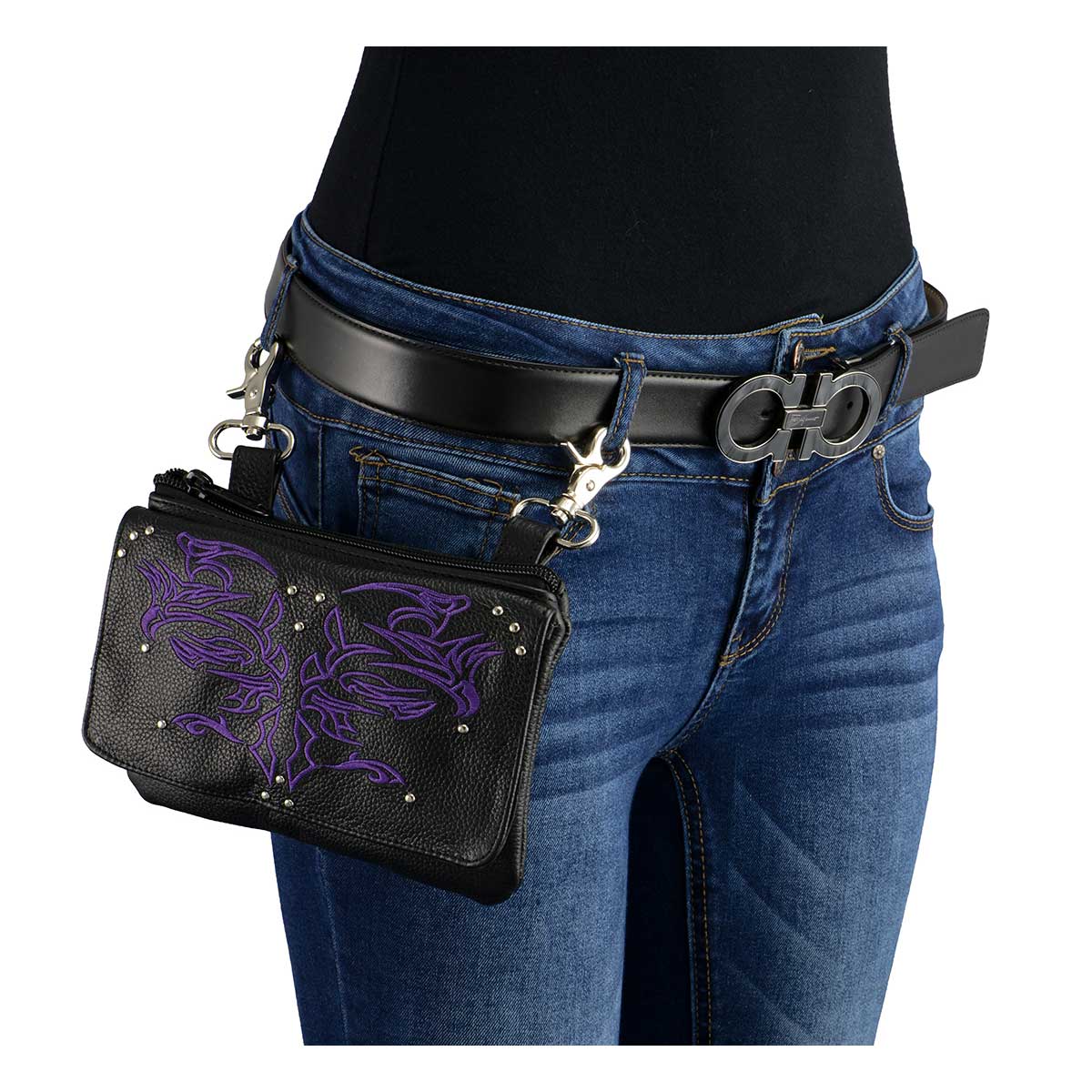 Women's Black And Purple Leather Multi Pocket Belt Bag