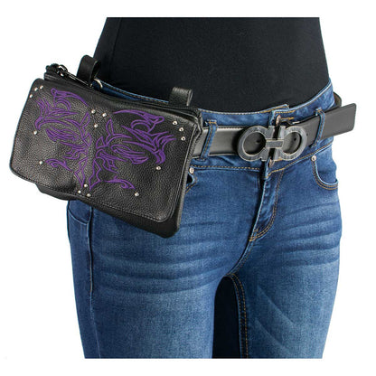 Women's Black And Purple Leather Multi Pocket Belt Bag
