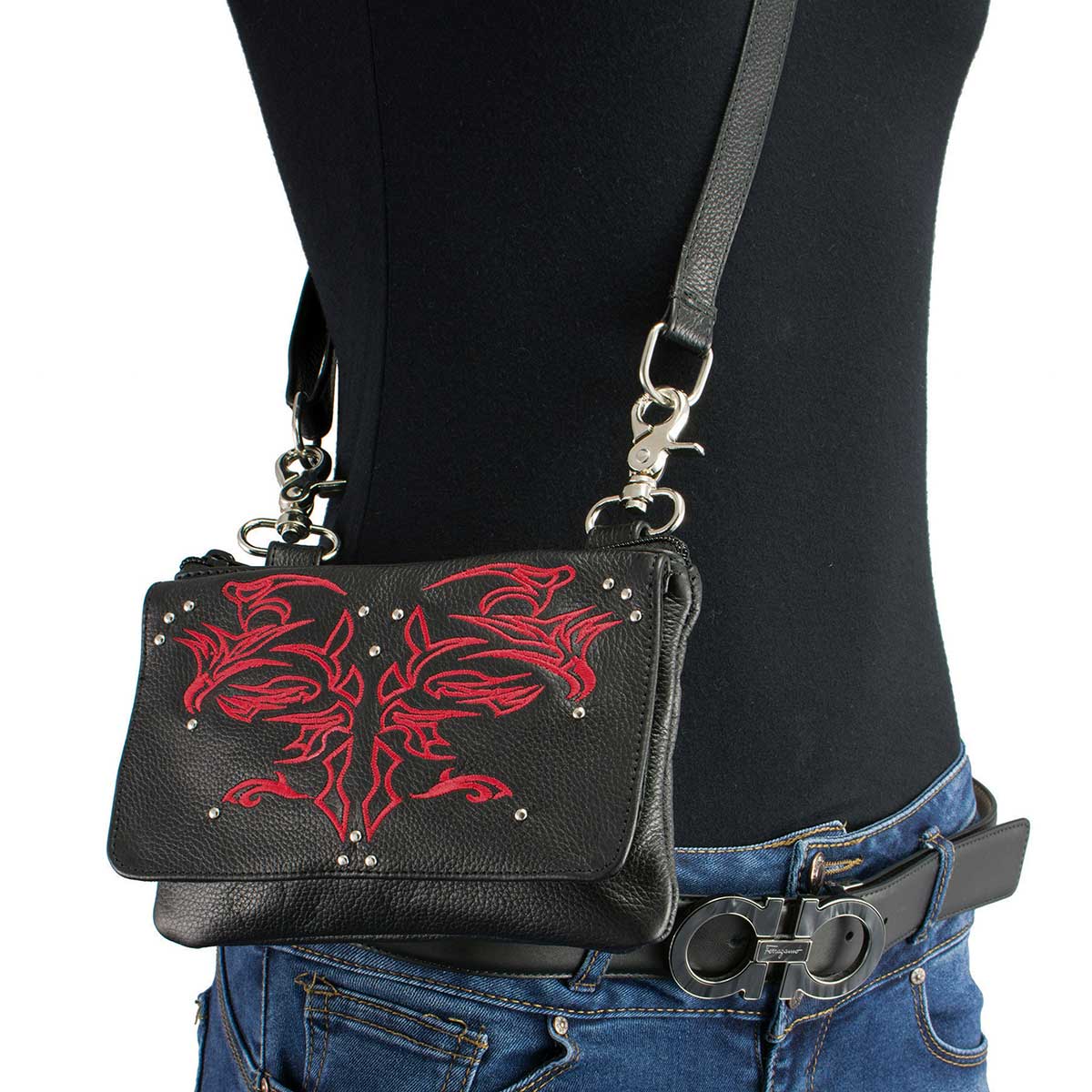 Women's Black And Red Leather Multi Pocket Belt Bag