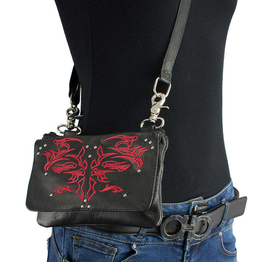 Women's Black And Red Leather Multi Pocket Belt Bag