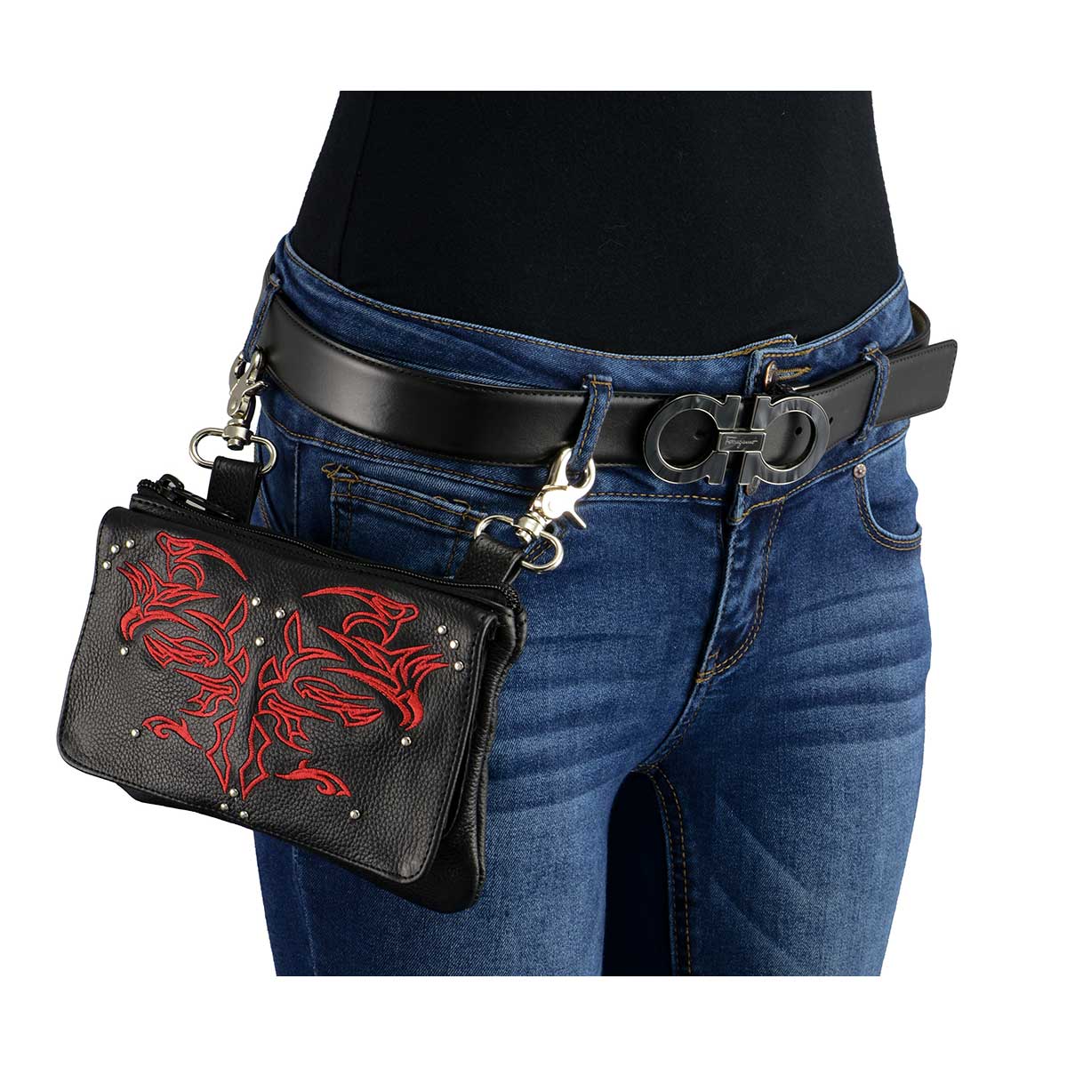 Women's Black And Red Leather Multi Pocket Belt Bag
