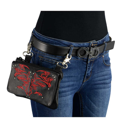 Women's Black And Red Leather Multi Pocket Belt Bag