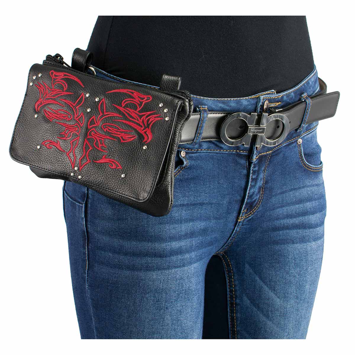 Women's Black And Red Leather Multi Pocket Belt Bag