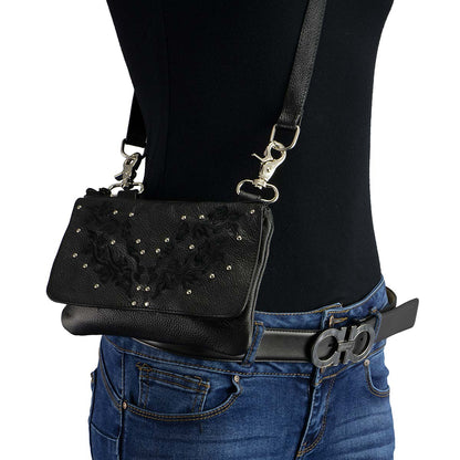 Women's Black Leather Multi Pocket Belt Bag
