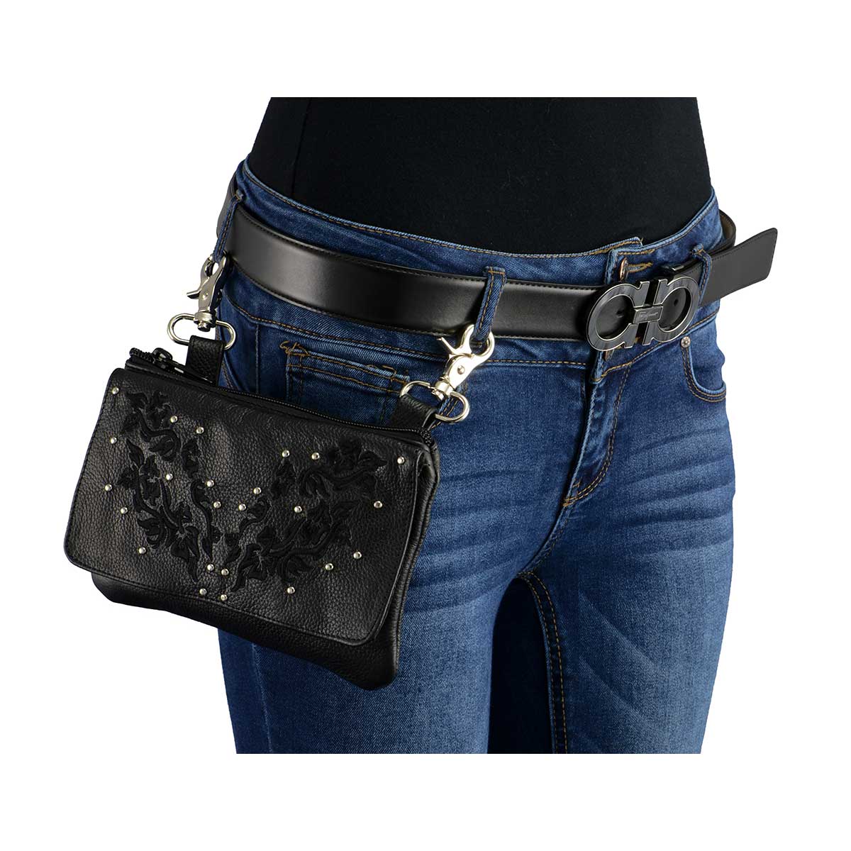 Women's Black Leather Multi Pocket Belt Bag