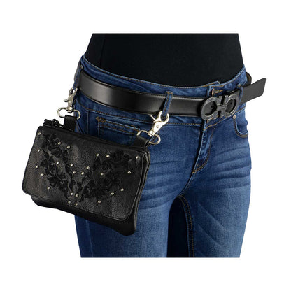 Women's Black Leather Multi Pocket Belt Bag