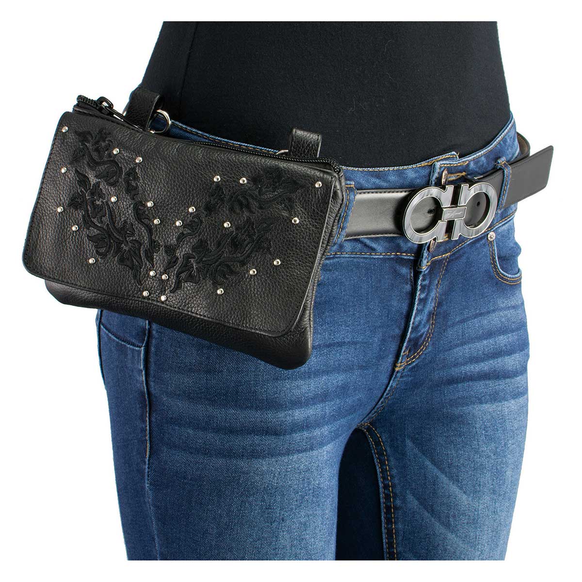 Women's Black Leather Multi Pocket Belt Bag