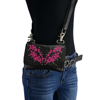Women's Flower Black And Pink Leather Multi Pocket Belt Bag
