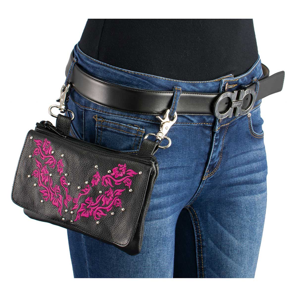 Women's Flower Black And Pink Leather Multi Pocket Belt Bag