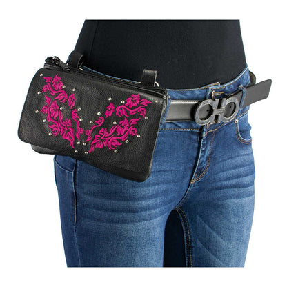 Women's Flower Black And Pink Leather Multi Pocket Belt Bag