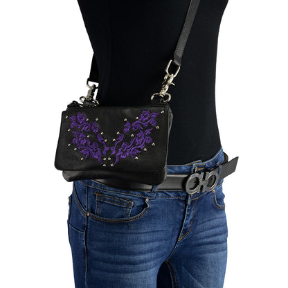Women's Flower Black And Purple Leather Multi Pocket Belt Bag