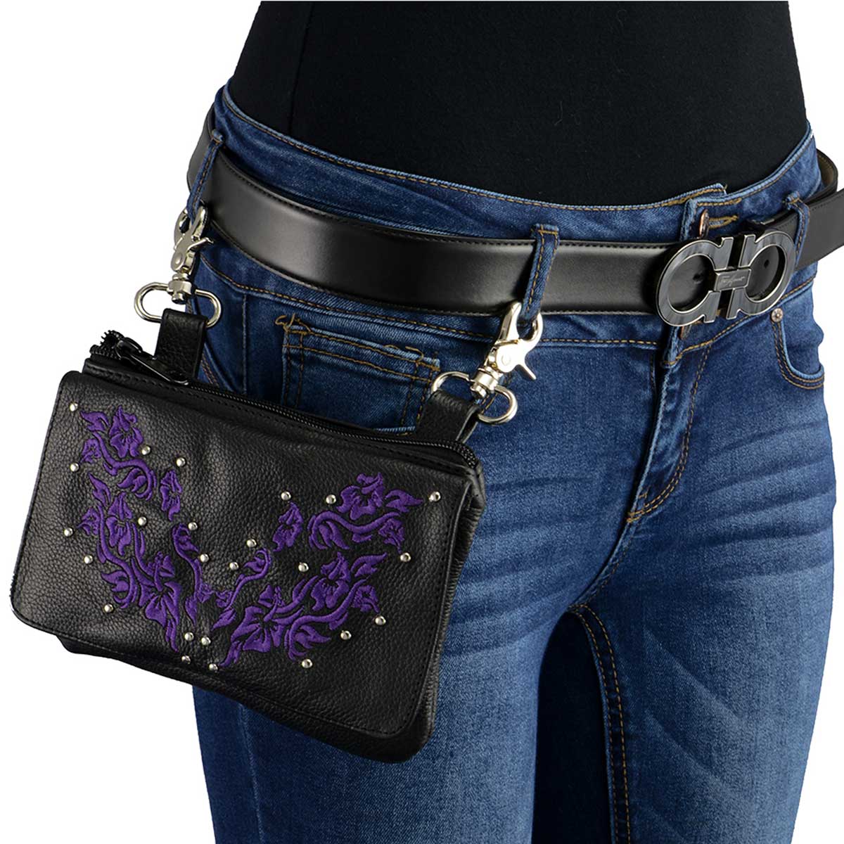 Women's Flower Black And Purple Leather Multi Pocket Belt Bag