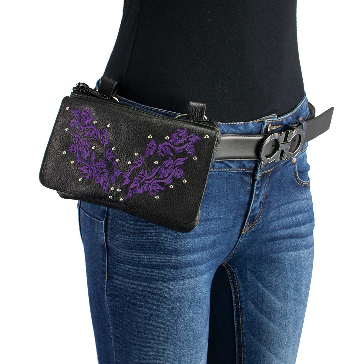 Women's Flower Black And Purple Leather Multi Pocket Belt Bag
