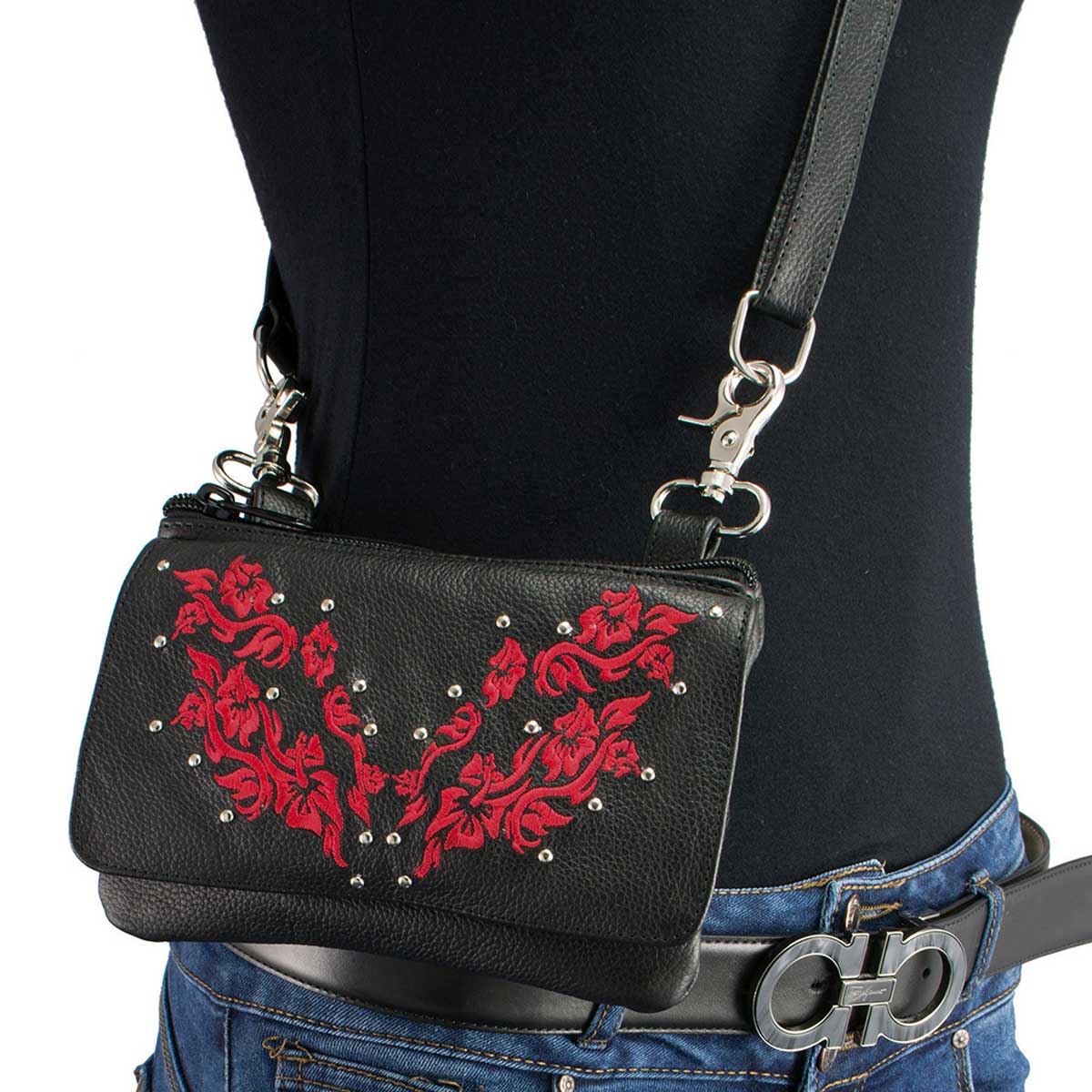 Women's Black And Red Leather Multi Pocket Belt Bag With Flower Embroidery