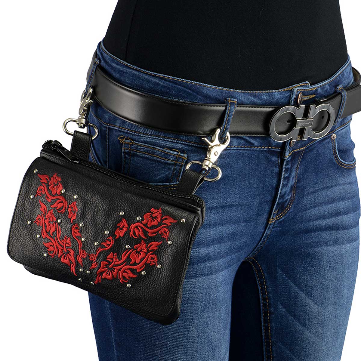 Women's Black And Red Leather Multi Pocket Belt Bag With Flower Embroidery