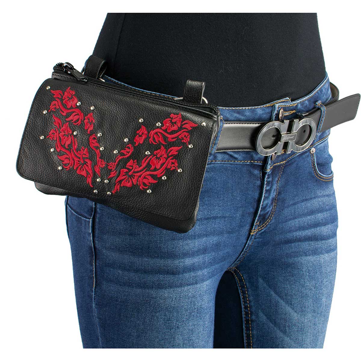 Women's Black And Red Leather Multi Pocket Belt Bag With Flower Embroidery