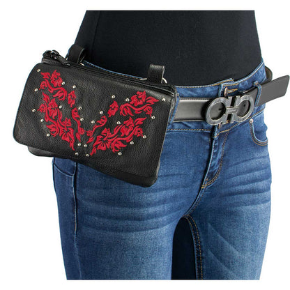 Women's Black And Red Leather Multi Pocket Belt Bag With Flower Embroidery