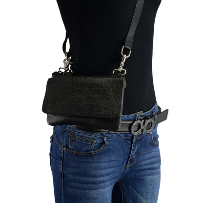 Black Leather Multi Pocket Belt Bag With Gator Print Flap