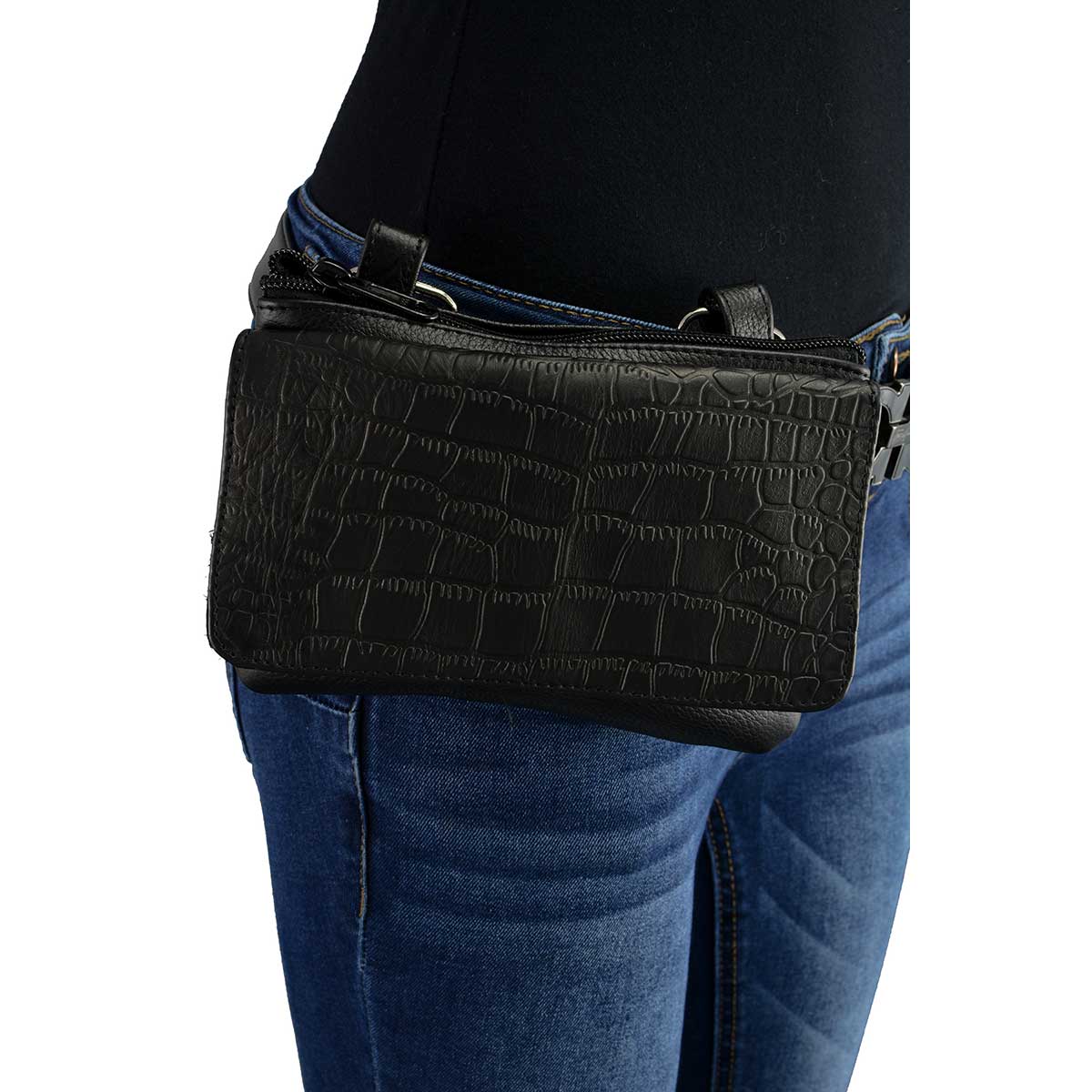 Black Leather Multi Pocket Belt Bag With Gator Print Flap