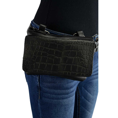 Black Leather Multi Pocket Belt Bag With Gator Print Flap