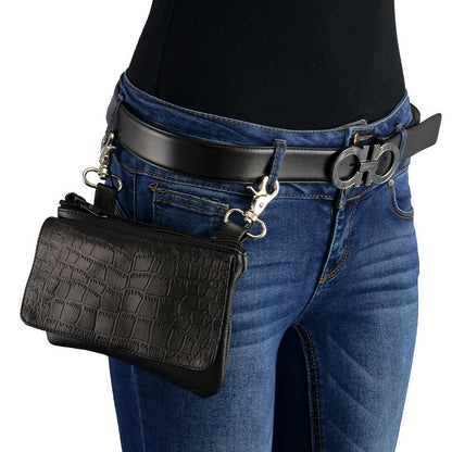 Black Leather Multi Pocket Belt Bag With Gator Print Flap