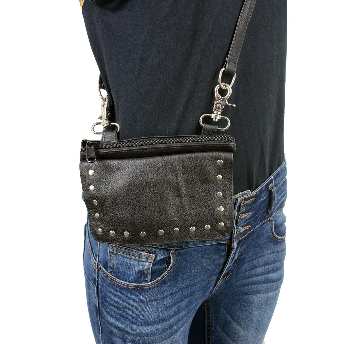 Women's Black Leather Studded Hip Belt Bag