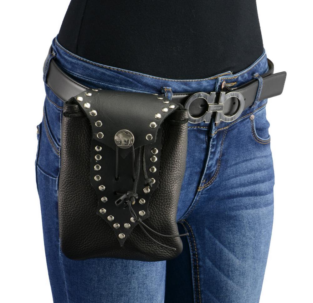 Women's Black Leather Drop Set Belt Bag