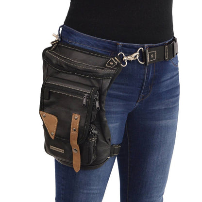 Conceal And Carry Leather Thigh Bag With Waist Belt Black