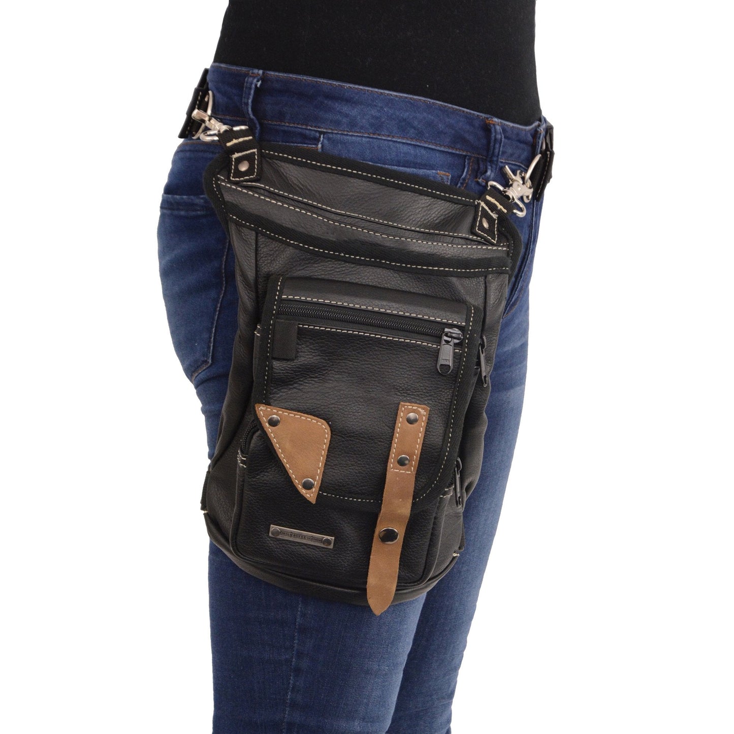 Conceal And Carry Leather Thigh Bag With Waist Belt Black
