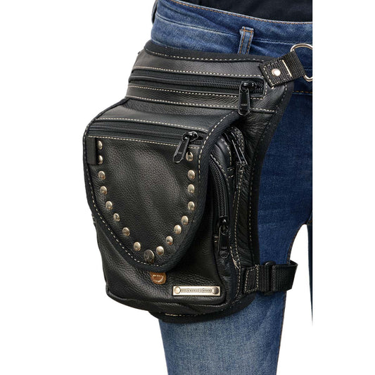 Women's Black Leather Conceal and Carry Thigh Bag with Waist Belt