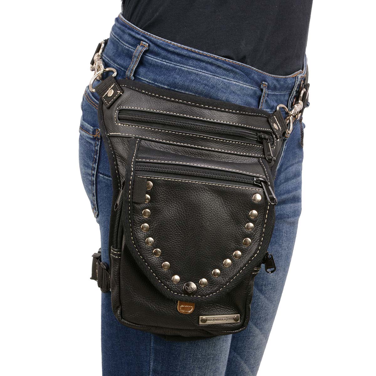 Women's Black Leather Conceal and Carry Thigh Bag with Waist Belt