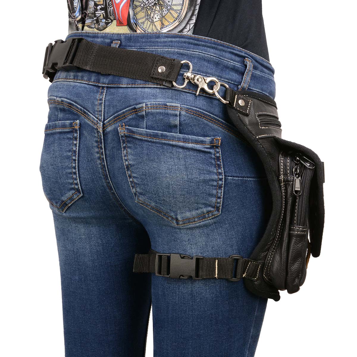 Women's Black Leather Conceal and Carry Thigh Bag with Waist Belt