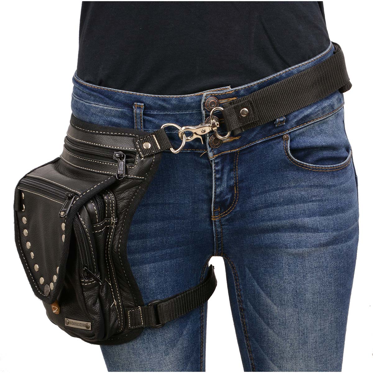 Women's Black Leather Conceal and Carry Thigh Bag with Waist Belt