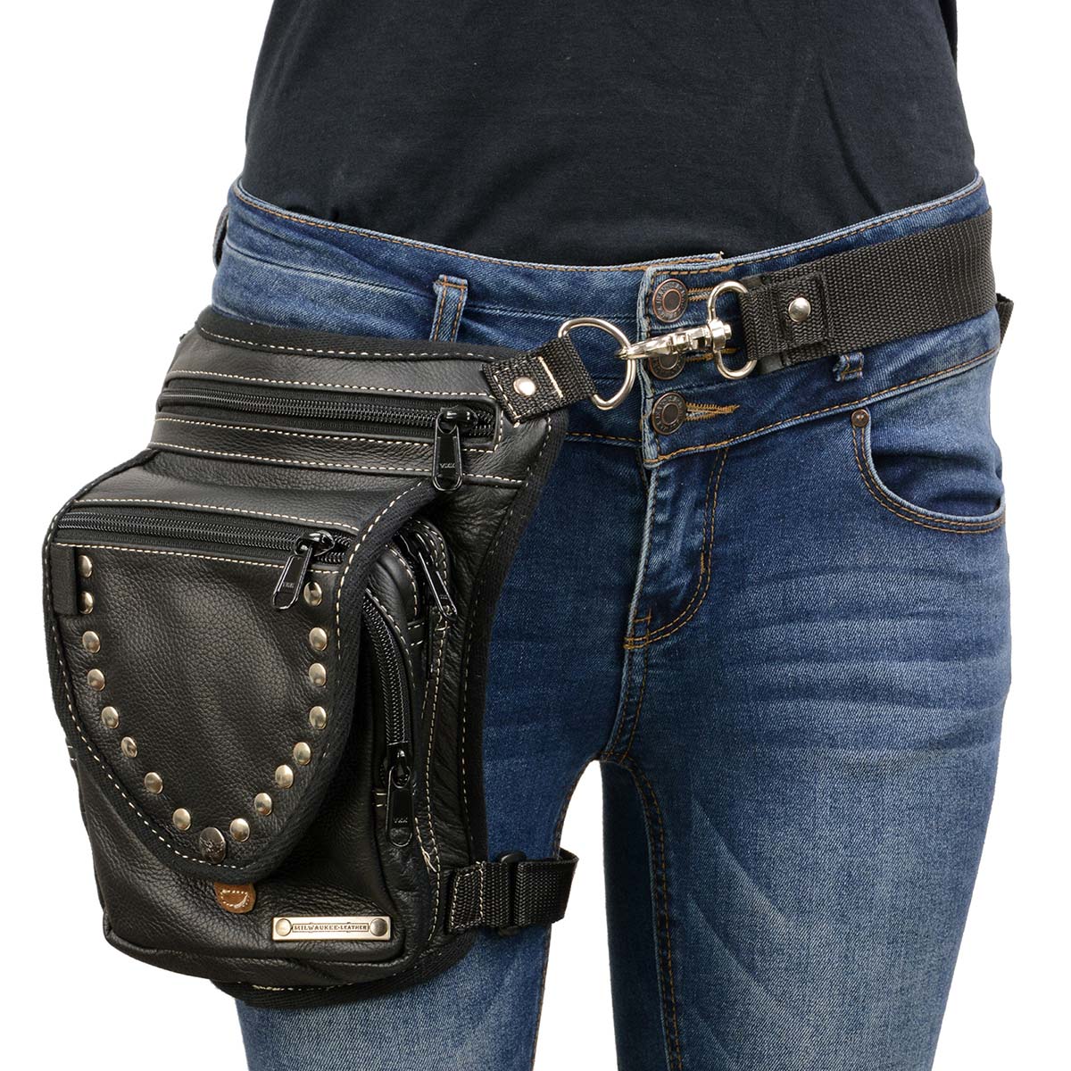Women's Black Leather Conceal and Carry Thigh Bag with Waist Belt