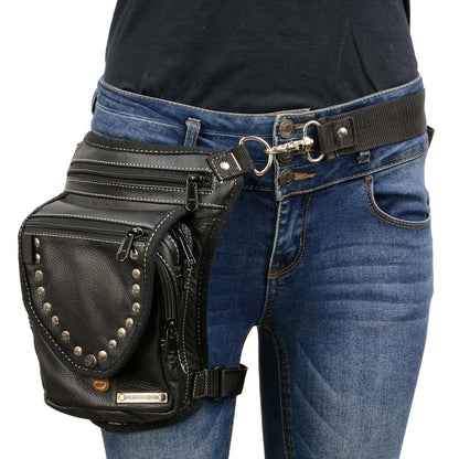 Women's Black Leather Conceal and Carry Thigh Bag with Waist Belt