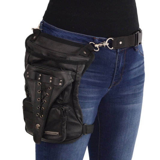 Ladies Black Leather Conceal and Carry Thigh Bag with Waist Belt