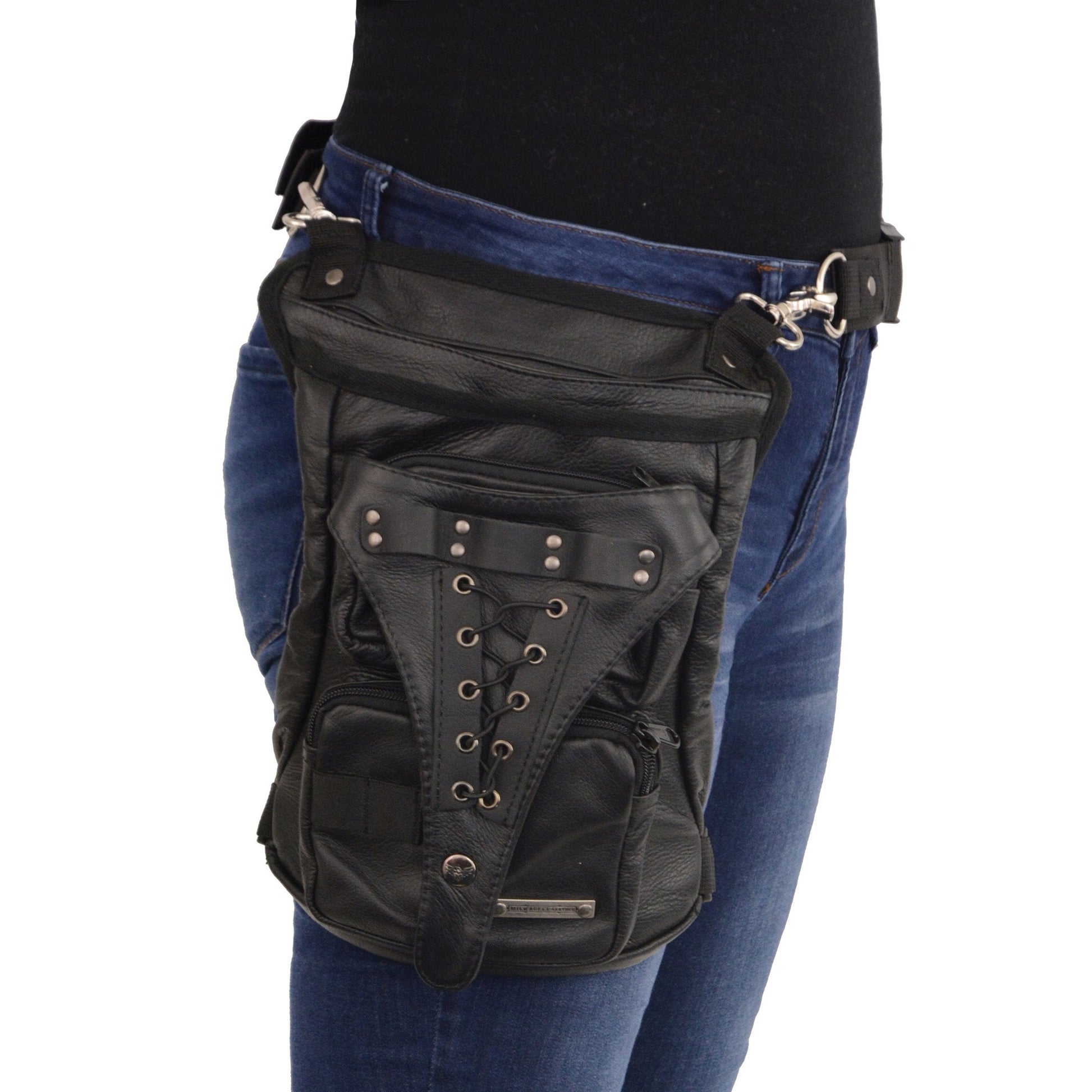 Ladies Black Leather Conceal and Carry Thigh Bag with Waist Belt