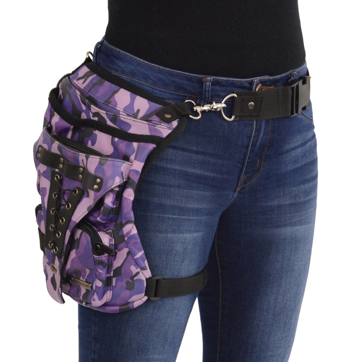 Ladies Purple Camouflage Leather Conceal And Carry Thigh Bag With Waist Belt