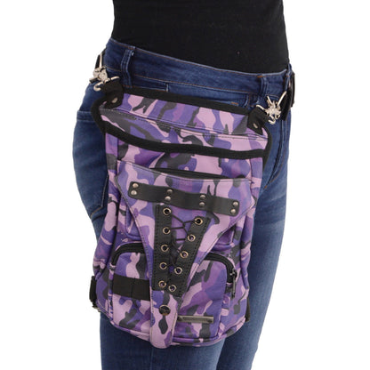 Ladies Purple Camouflage Leather Conceal And Carry Thigh Bag With Waist Belt