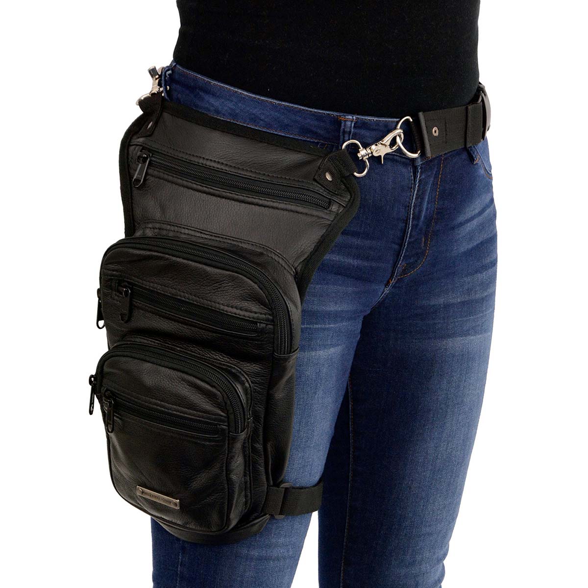 Women's Black Leather Conceal and Carry Thigh Bag with Waist Belt