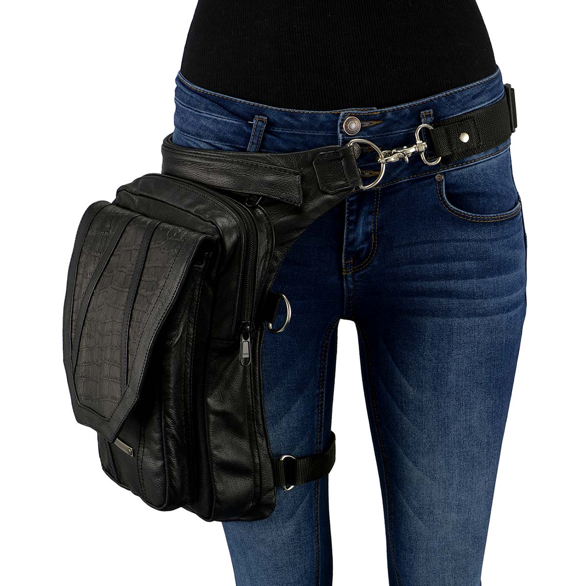 Women's Black Leather Conceal Carry Thigh Bag With Waist Belt