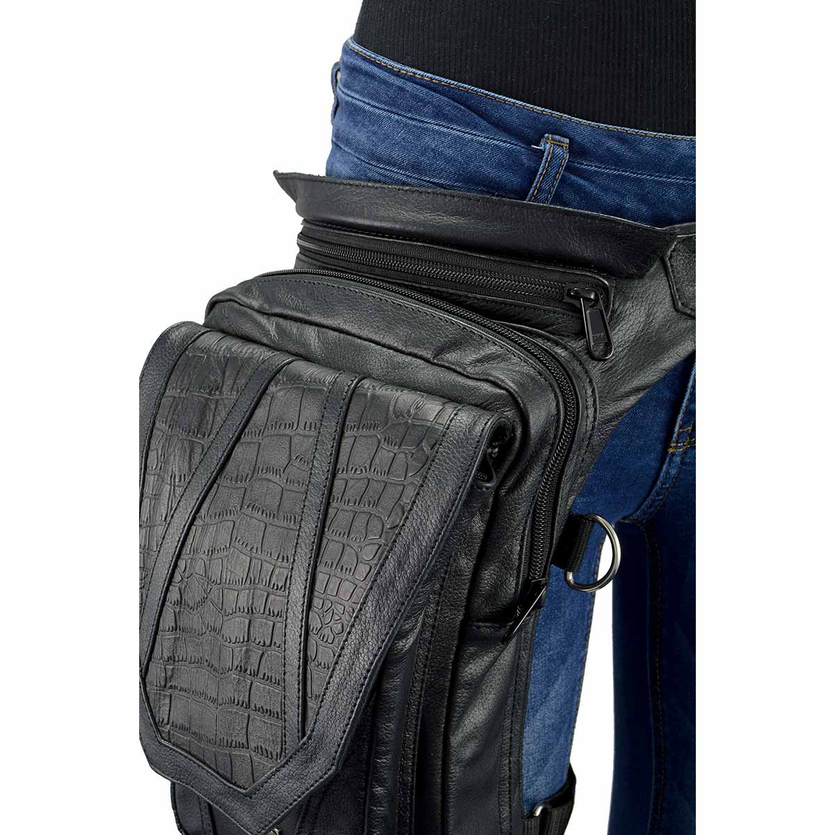 Women's Black Leather Conceal Carry Thigh Bag With Waist Belt