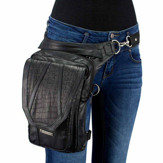 Women's Black Leather Conceal Carry Thigh Bag With Waist Belt