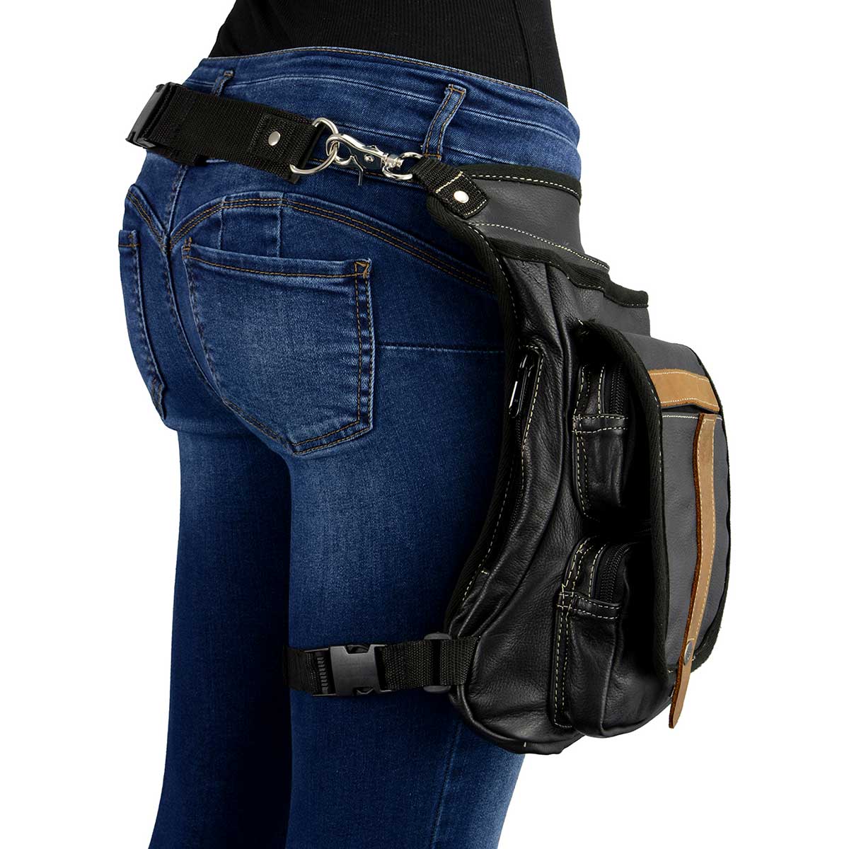 Black And Tan Leather Conceal And Carry Thigh Bag With Waist Belt